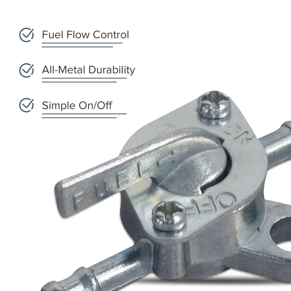 Close-up of a Fuel Shut-Off Petcock for Coleman AT125-EX, AT125-UT, AT200-B, and TaoTao Raptor 200 ATVs, showcasing the all-metal lever mechanism and ball valve for 3/16 fuel hoses.