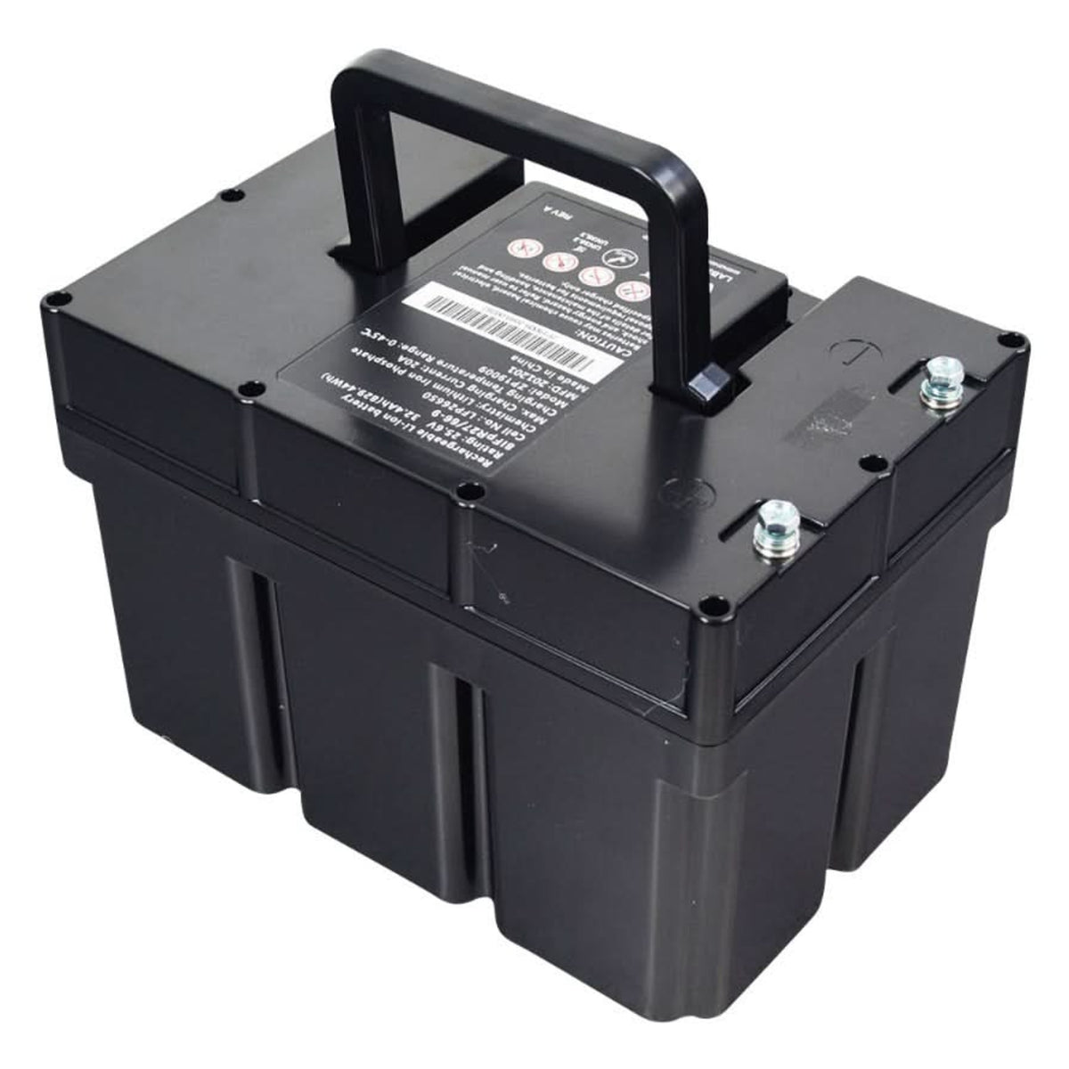 BAT2004389 - Jazzy EVO 613Li 25.6V 32.4Ah lithium battery pack with the carry handle raised, showing the terminal posts and black case.