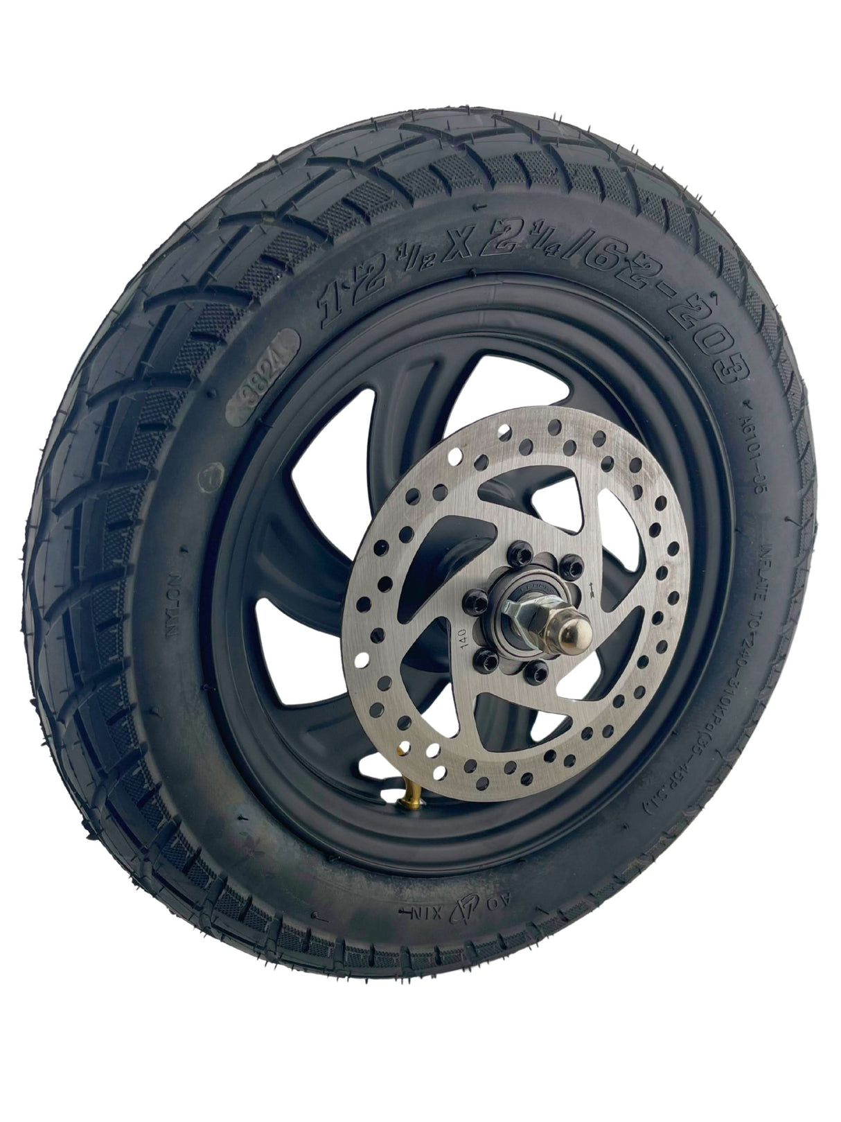 Caroma scooter front wheel with disc brake and rim on a white background
