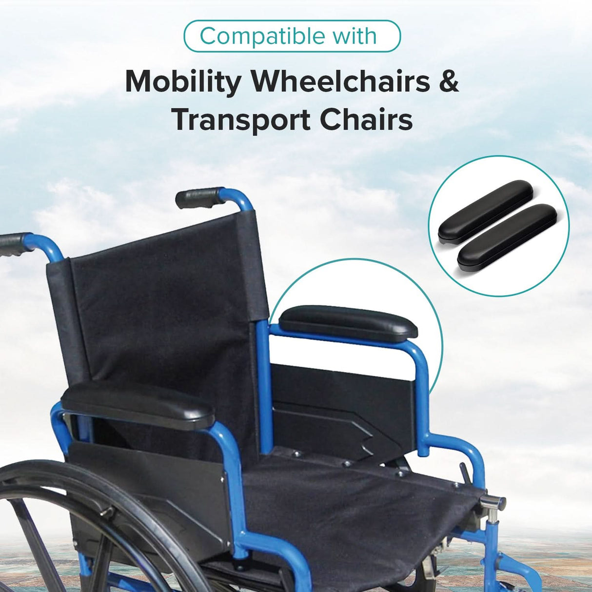 Black 10" Desk Length Padded Vinyl Armrest for Wheelchairs (Set of 2)