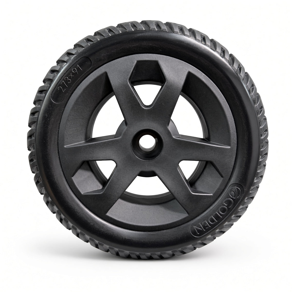 Outer side of the Golden Companion II (GC340B/E & GC440B/E) rear wheel assembly MBW-0023, showing the black rim, center hub, and Golden and 273x91 sidewall markings.