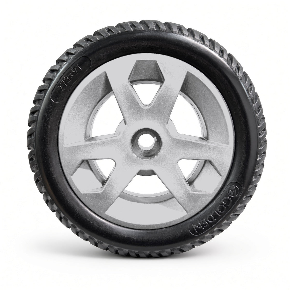 Outer side of the Golden GC440 silver rear wheel assembly MBW-0020, showing the silver rim, center hub, and Golden and 273x91 sidewall markings.