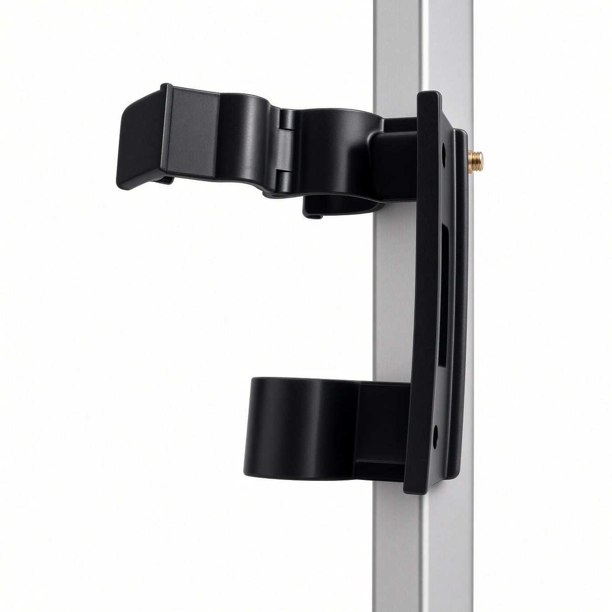Buzzaround CarryOn black frame accessory with a mounting bracket and lower clamp, shown attached to a silver vertical tube against a white background.