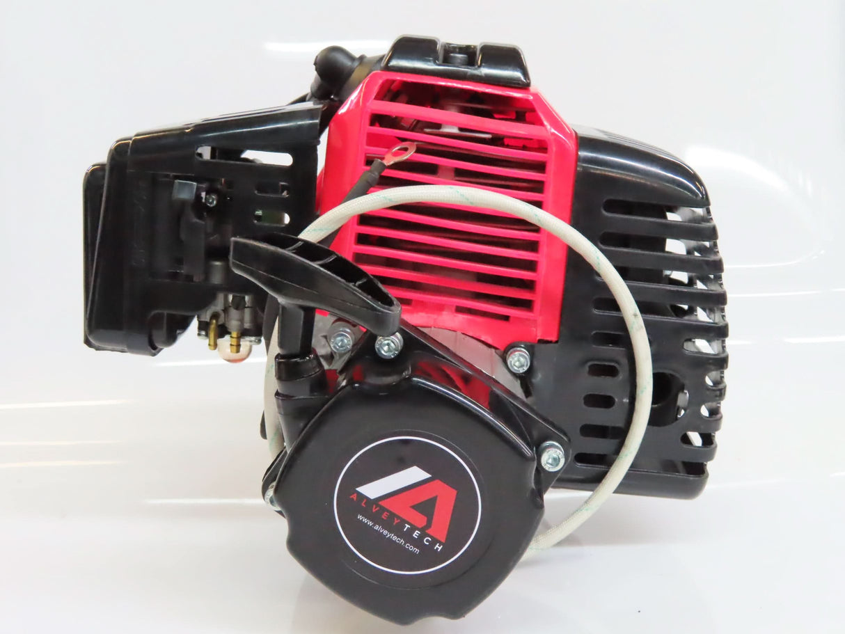 49cc/52cc Scooter Engine with Electric Start (Blemished) featuring a red and black design, visible gear reduction transmission, muffler, air filter, pull start, electric starter, clutch pad assembly, and carburetor.