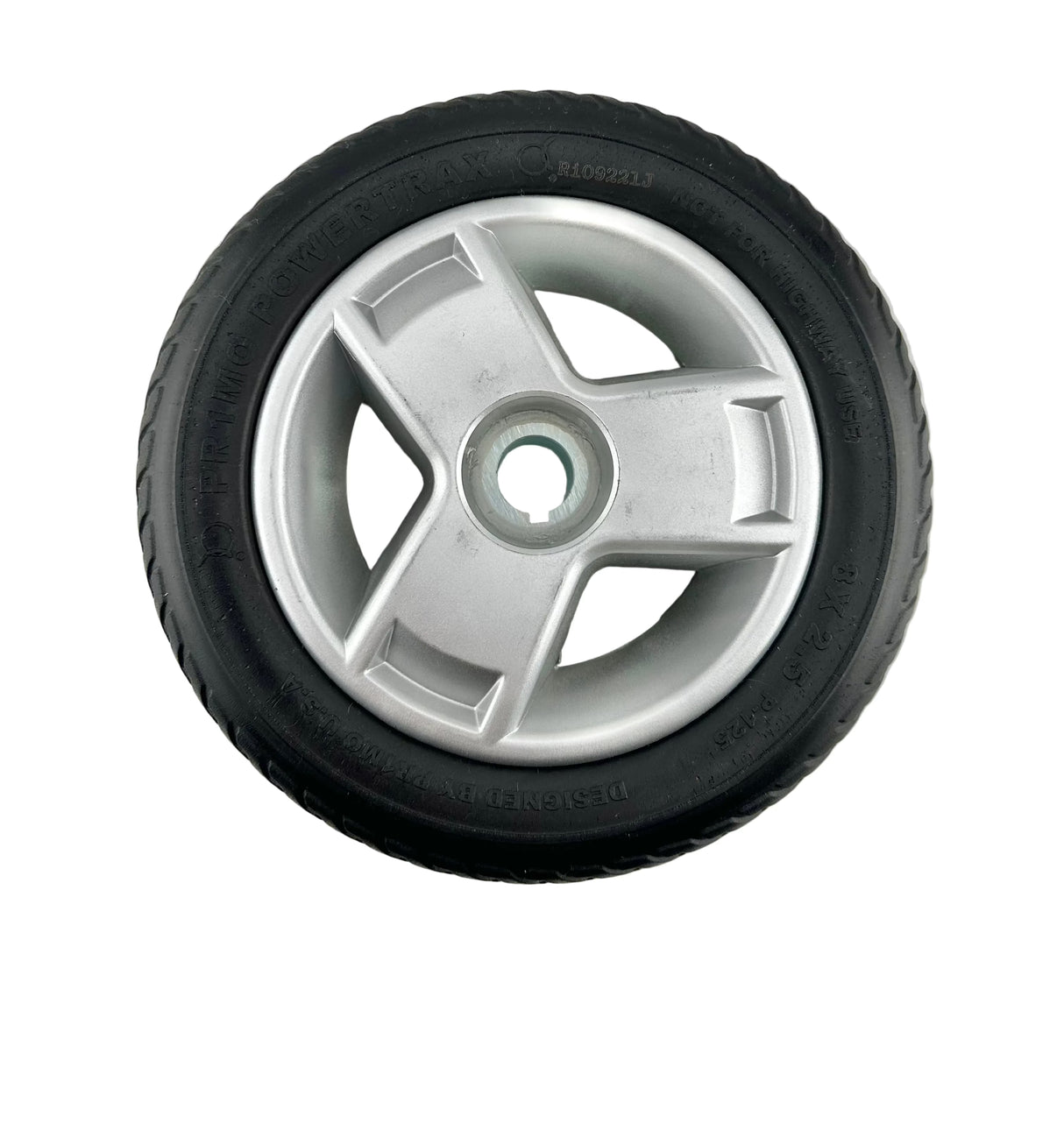 8"x2" (200x50) Black Flat-Free Front Wheel Assembly with Silver Tri-Spoke Rim for 4-Wheel Go-Go Mobility Scooters (Blemished)