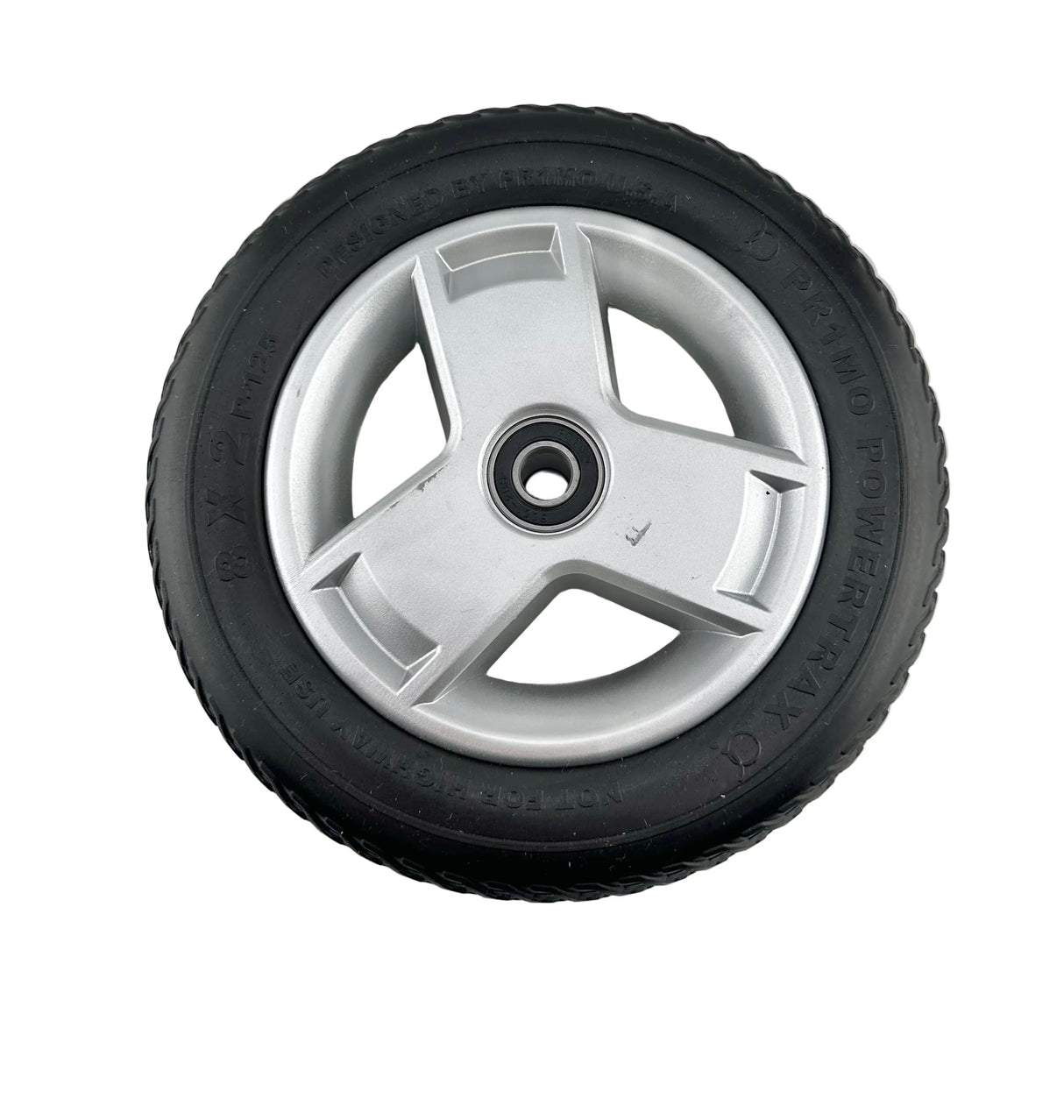 8"x2" (200x50) Black Flat-Free Front Wheel Assembly with Silver Tri-Spoke Rim for 4-Wheel Go-Go Mobility Scooters (Blemished)