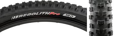 29x2.4 Regolith Pro SCT Bicycle Tire, featuring alternating and siped double block tread in the center and chain corner lugs, shown in a close-up of the tire's intricate tread pattern.