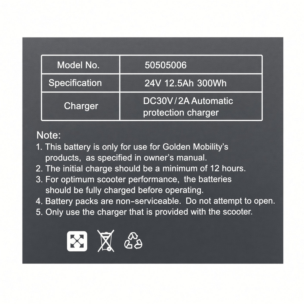 MBE-BATT-125LITH data plate label on the Golden 12.5 Ah lithium travel battery for the Buzzaround CarryOn GB120