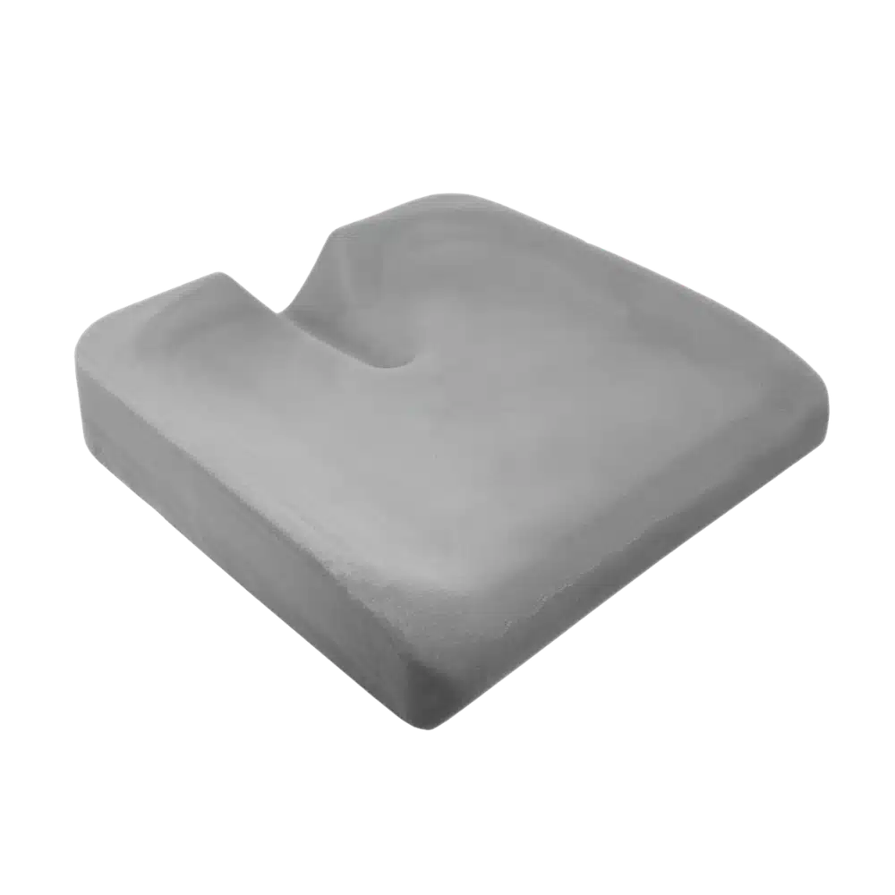 A gray molded foam support cushion for quantum power chairs, with a contoured top and thick sides, shown on a plain white background.