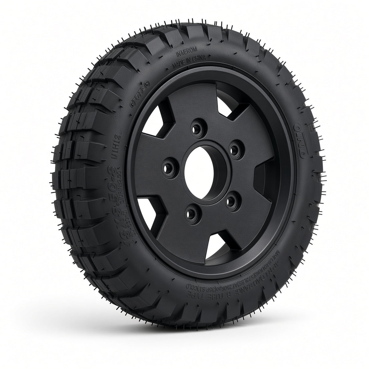 Pride Pursuit 2 wheel assembly WHL2206297 — 13x3.50-8 pneumatic tire mounted on a black 5-spoke split rim, angled view