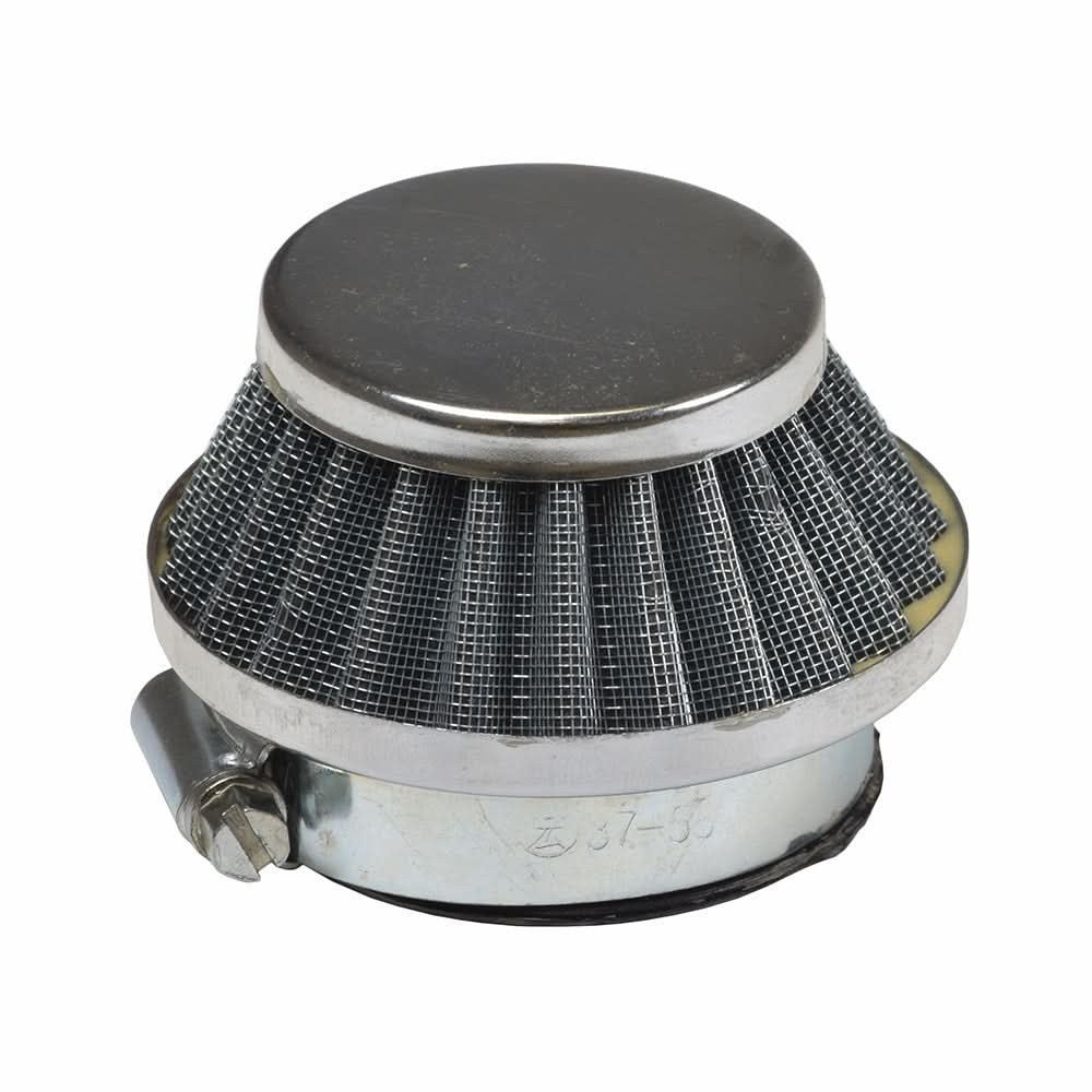 Gas Scooter Parts: Air Filter with a round metal design featuring a close-up of its mesh filter and metal base; suitable for engines from 33cc to 52cc for enhanced airflow and performance.