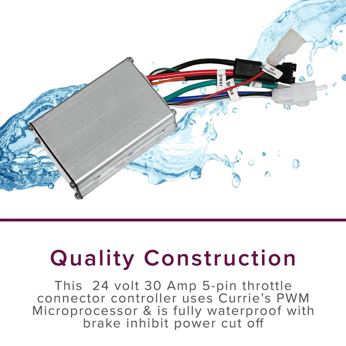 24 Volt 650 Watt Motor, 5-Pin Controller, & Throttle Kit shown with wires and water splashing, highlighting its robust construction and electrical components.