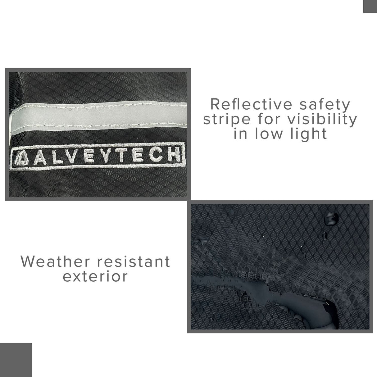 Close-up of the AlveyTech Universal Cane Holder for Mobility Scooters & Power Chairs, showcasing its ripstop fabric pouch and adjustable nylon strap for secure attachment to a chair's backrest.