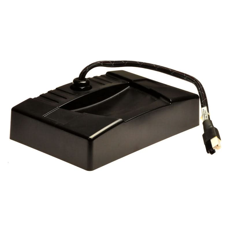 Battery Box Top with Quick Disconnect Battery Harness for the Jet 7, shown as a black rectangular device with an attached wire, illustrating a close-up view of the product's design and connection feature.