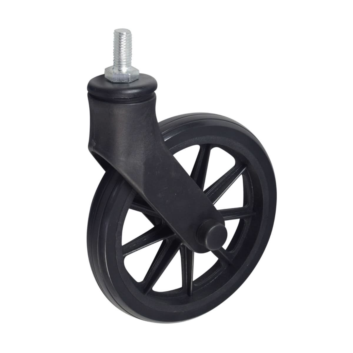 Front Caster Assembly for Drive Medical Rollator with 6 Wheels (R800) and Aluminum Rollator with 6 Casters (R726), featuring a black wheel with a black plastic handle and metal nut.