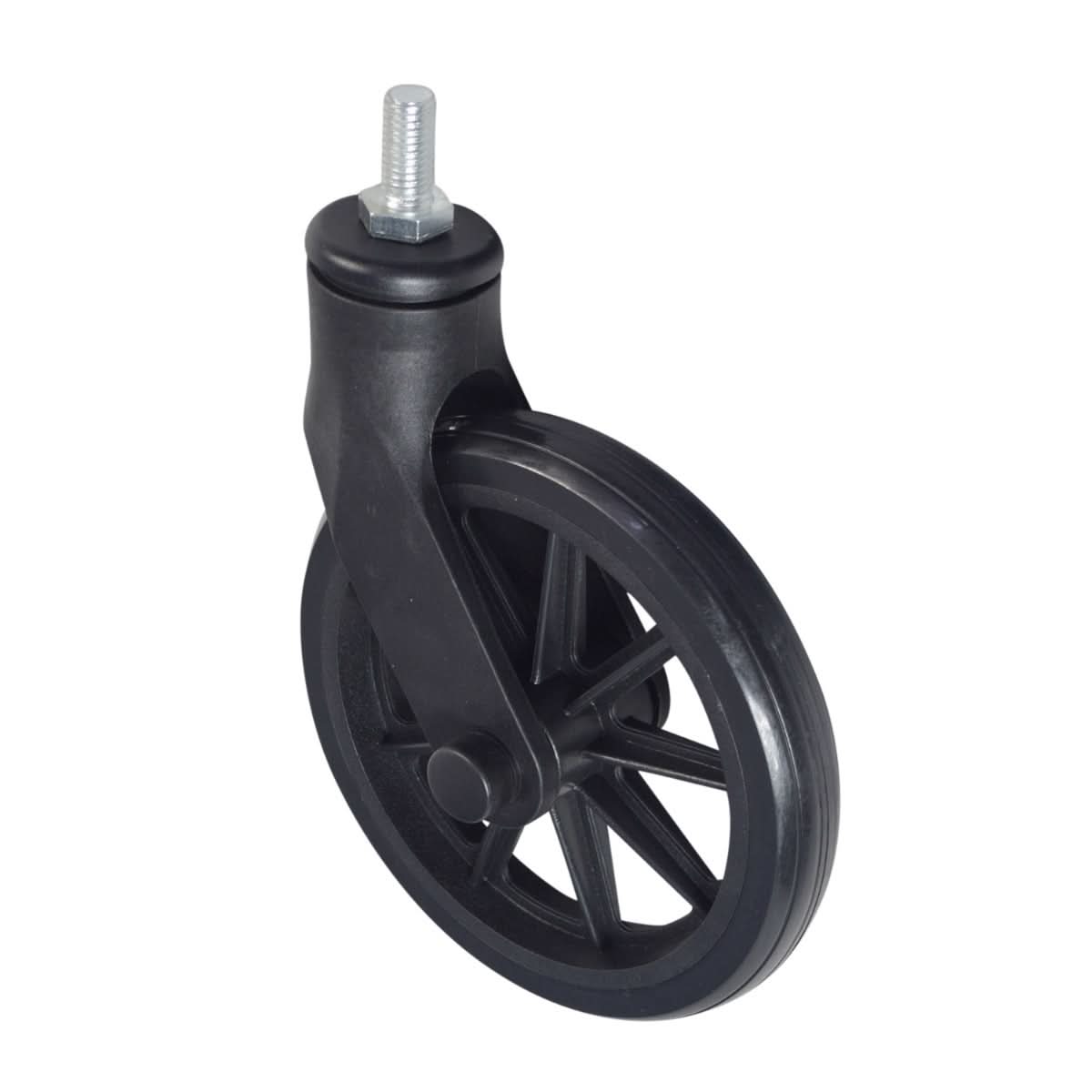 Front Caster Assembly for the Drive Medical Rollator with 6 Wheels, showing a black wheel with a central bolt and metal nut, essential for maintaining scooter and power chair mobility.