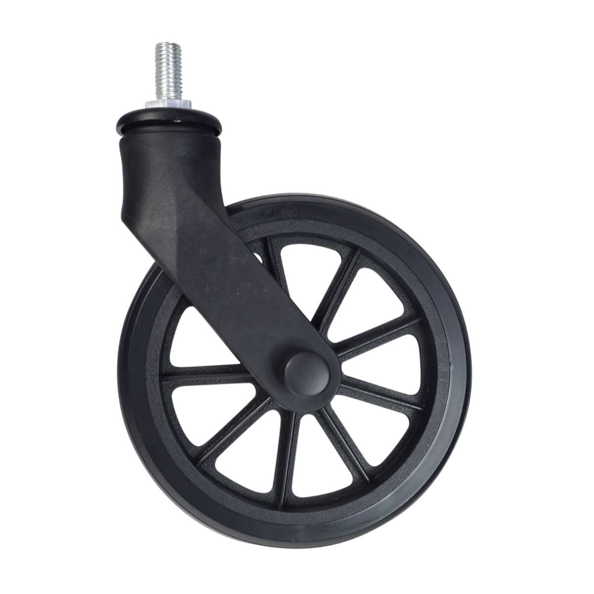 Front Caster Assembly for the Drive Medical Rollator with 6 Wheels (R800) and Drive Medical Aluminum Rollator with 6 Casters (R726), showing a black wheel with a black handle and spokes.