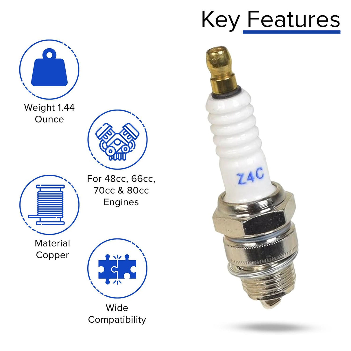 Close-up of the Z4C Spark Plug for 80cc 2-Stroke Bicycle Engine Kits, showcasing its metallic structure and threading, designed to fit small gas engines in various displacement ranges.
