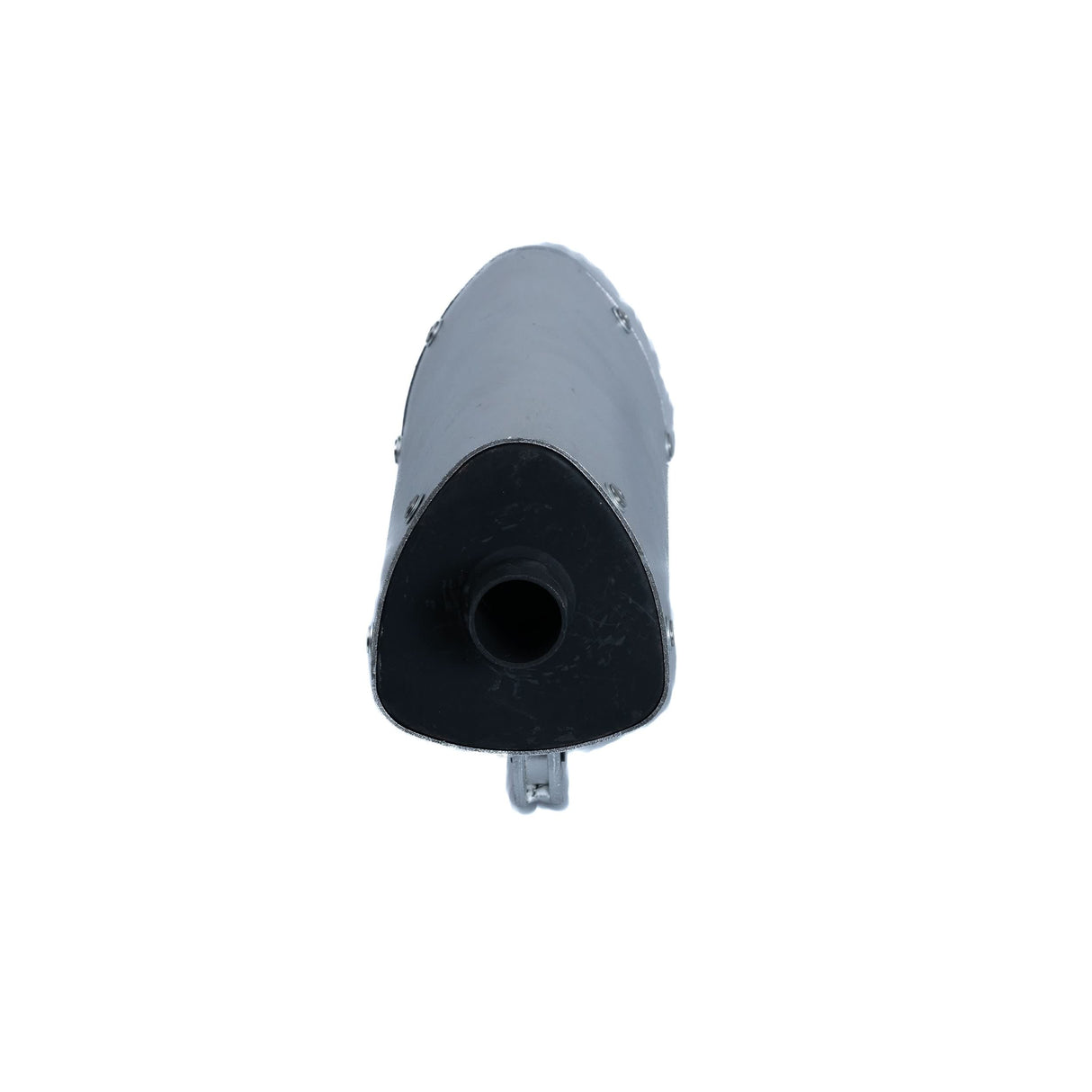 Muffler for the Coleman AT200-B ATV, featuring a close-up of its sleek, sandblasted silver finish and precise detailing, designed as an affordable replacement for damaged or missing exhaust parts.