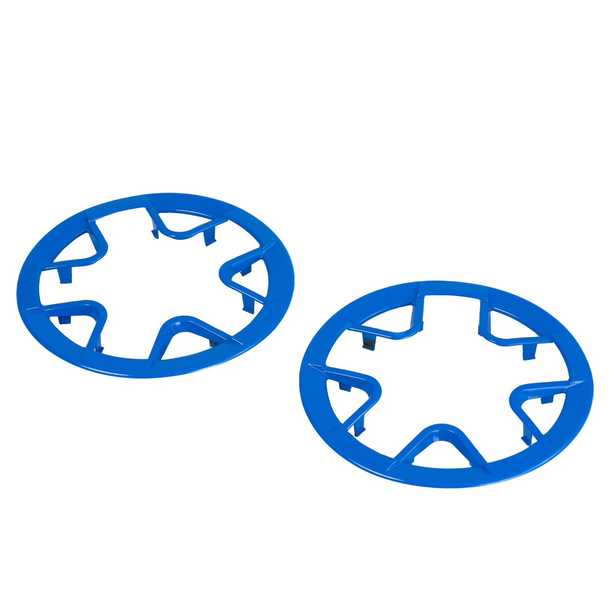 Blue Drive Wheel Rim Insert for the Invacare TDX SP2 Power Chair, featuring two blue circular objects with four holes, designed to accentuate and highlight the power chair's dark gray/black hub.
