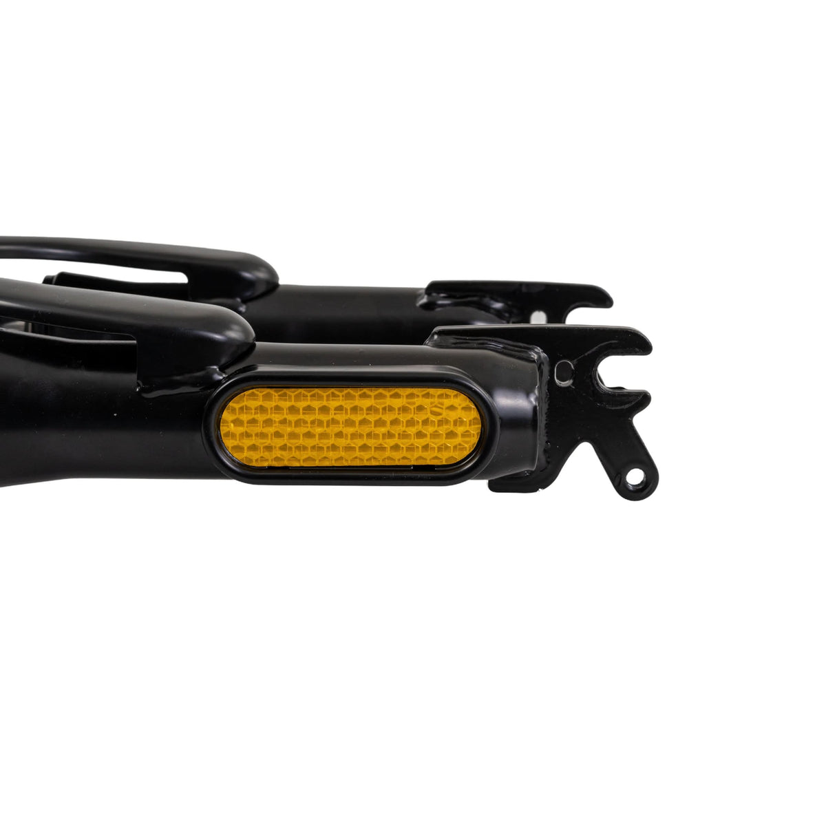 Close-up of a bicycle pedal attached to the Front Fork for the GOTRAX Flex Electric Scooter, showcasing the pedal's intricate design and a yellow reflector for enhanced visibility.