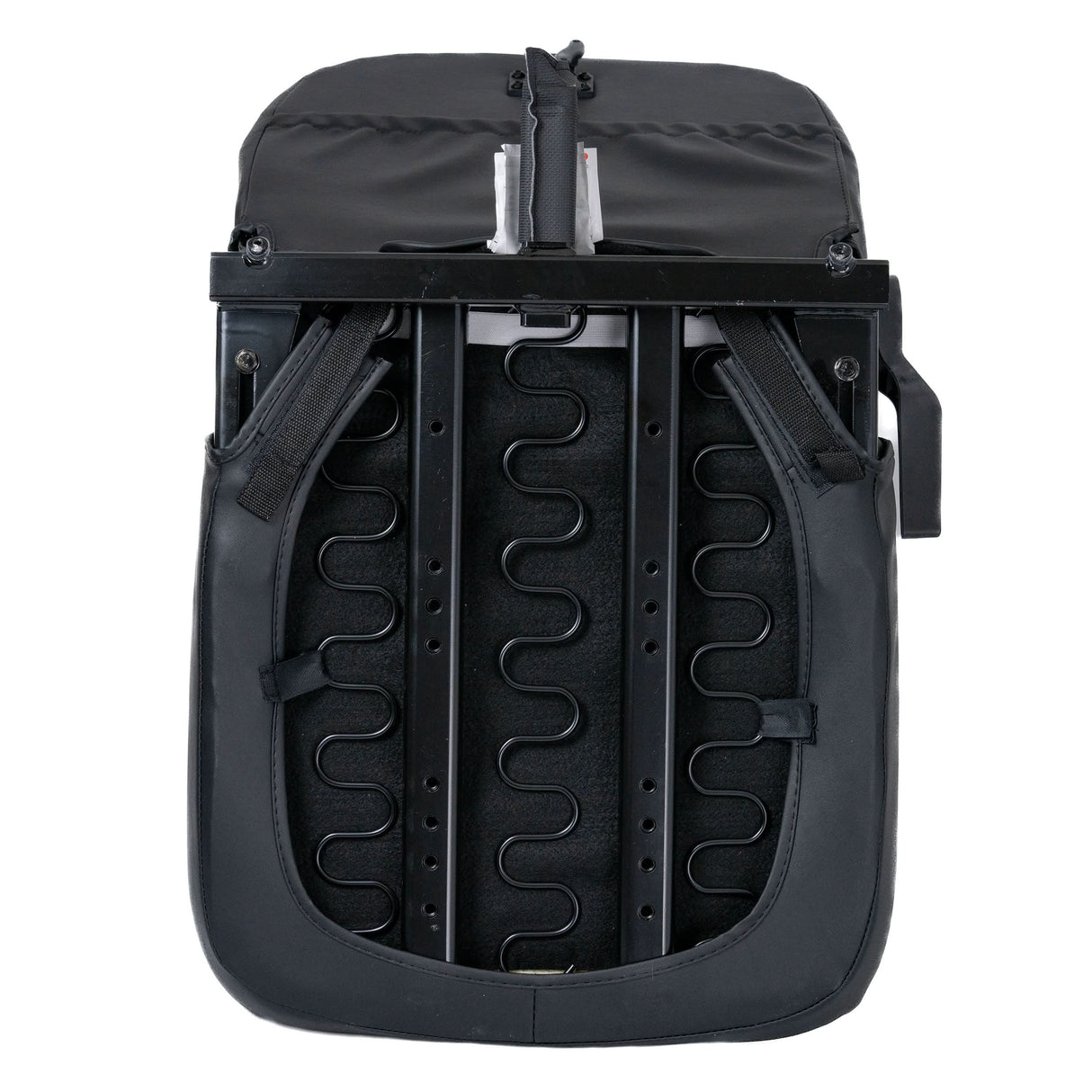 18x18- 20 Hi-Back Black Vinyl Limited Recline Seat with metal frame, black fabric, and black straps, compatible with Jazzy 600 ES and Select 6 models.