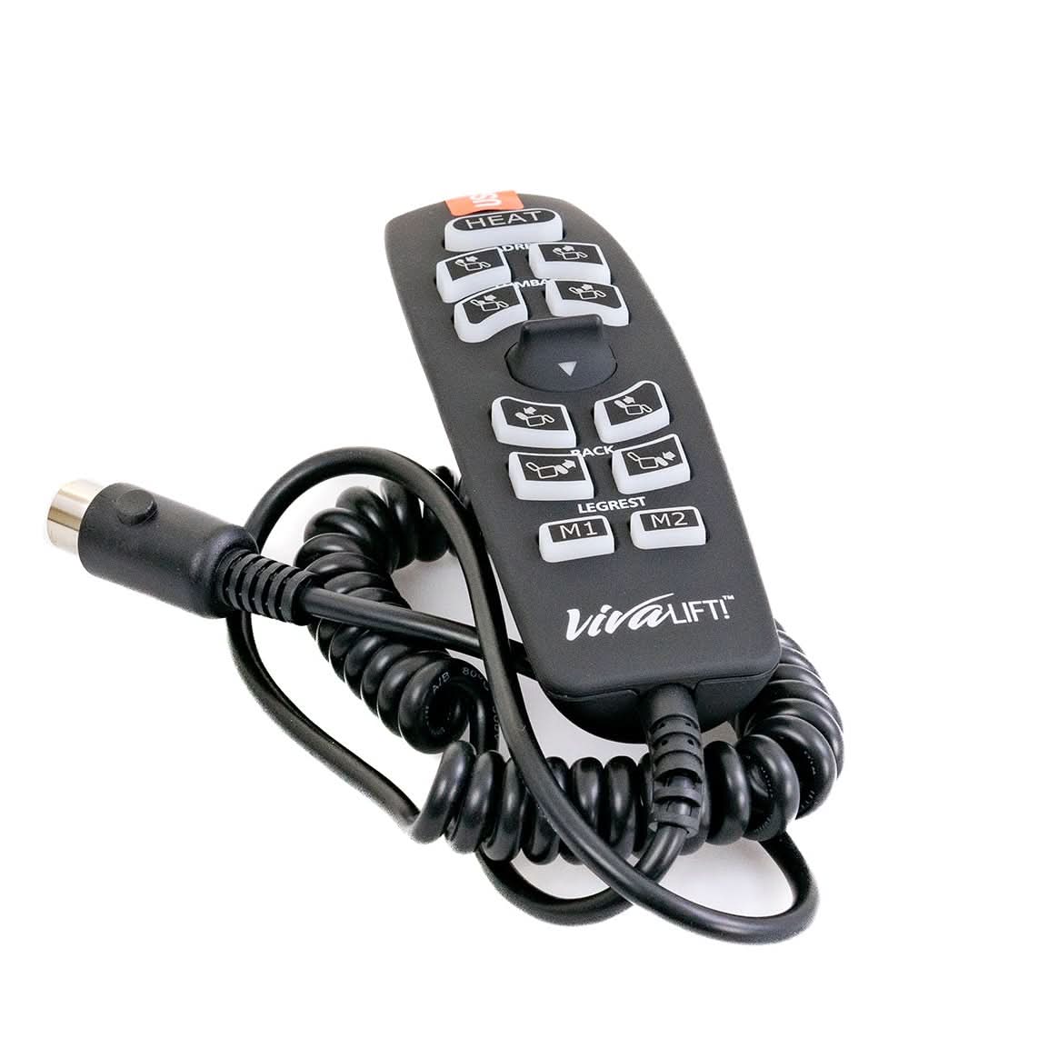 12-Button Hand Control for Pride Radiance Series Lift Chairs, featuring a connected cord and USB port, designed to replace malfunctioning hand controls for optimal lift chair functionality.