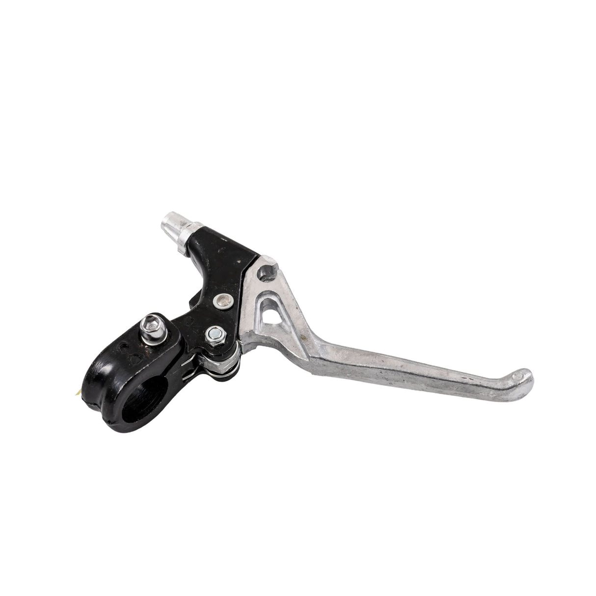Clutch Lever for 48cc - 80cc 2-Stroke Bicycle Engine Kits mounted on a handlebar, showing a close-up of the black and silver lever mechanism and attached nut.