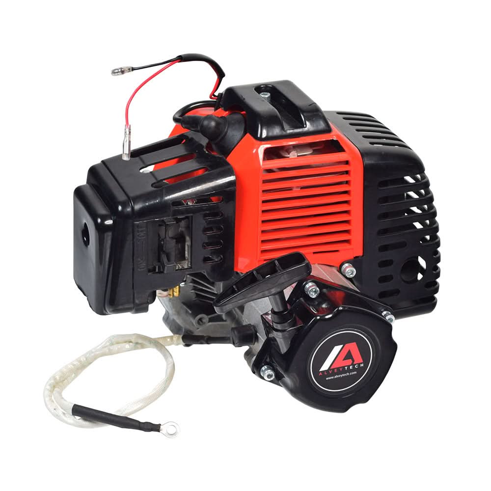 49cc/52cc Scooter Engine with Electric Start (Blemished) showing attached hose, gear reduction transmission, muffler, air filter, and pull start. Ideal for gas scooters, pocket bikes, and mini choppers.