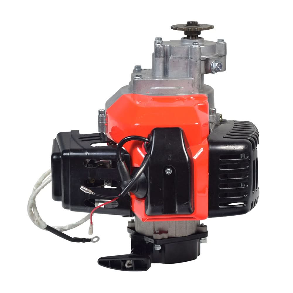 Close-up of a 49cc/52cc scooter engine with electric start, showing detailed components including pull start, muffler, air filter, and carburetor.