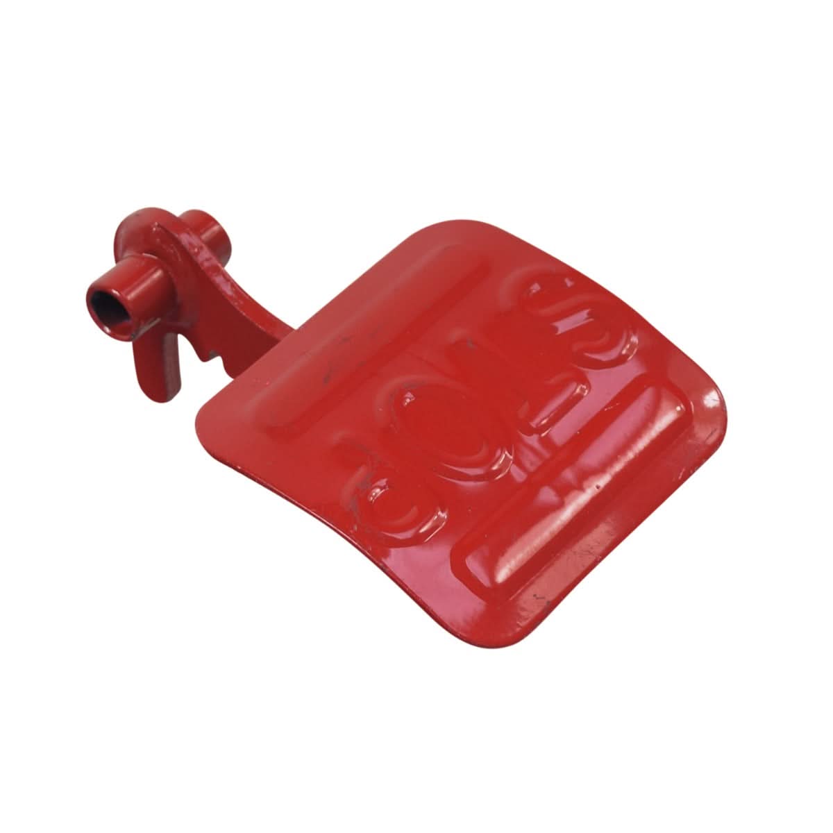 Red Brake Pedal for Coleman CK100 & SK100 Go-Karts, made of strong metal alloy with a handle, finished in bright red. Minor scuffing and scratches visible but do not affect functionality.