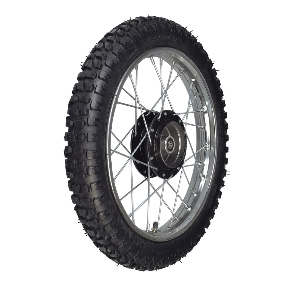 Close-up of a 14 (2.50-14) front wheel assembly for dirt bikes, featuring a knobby tire, inner tube, and wheel bearings, suitable for various 50cc, 70cc, and 90cc dirt bikes.