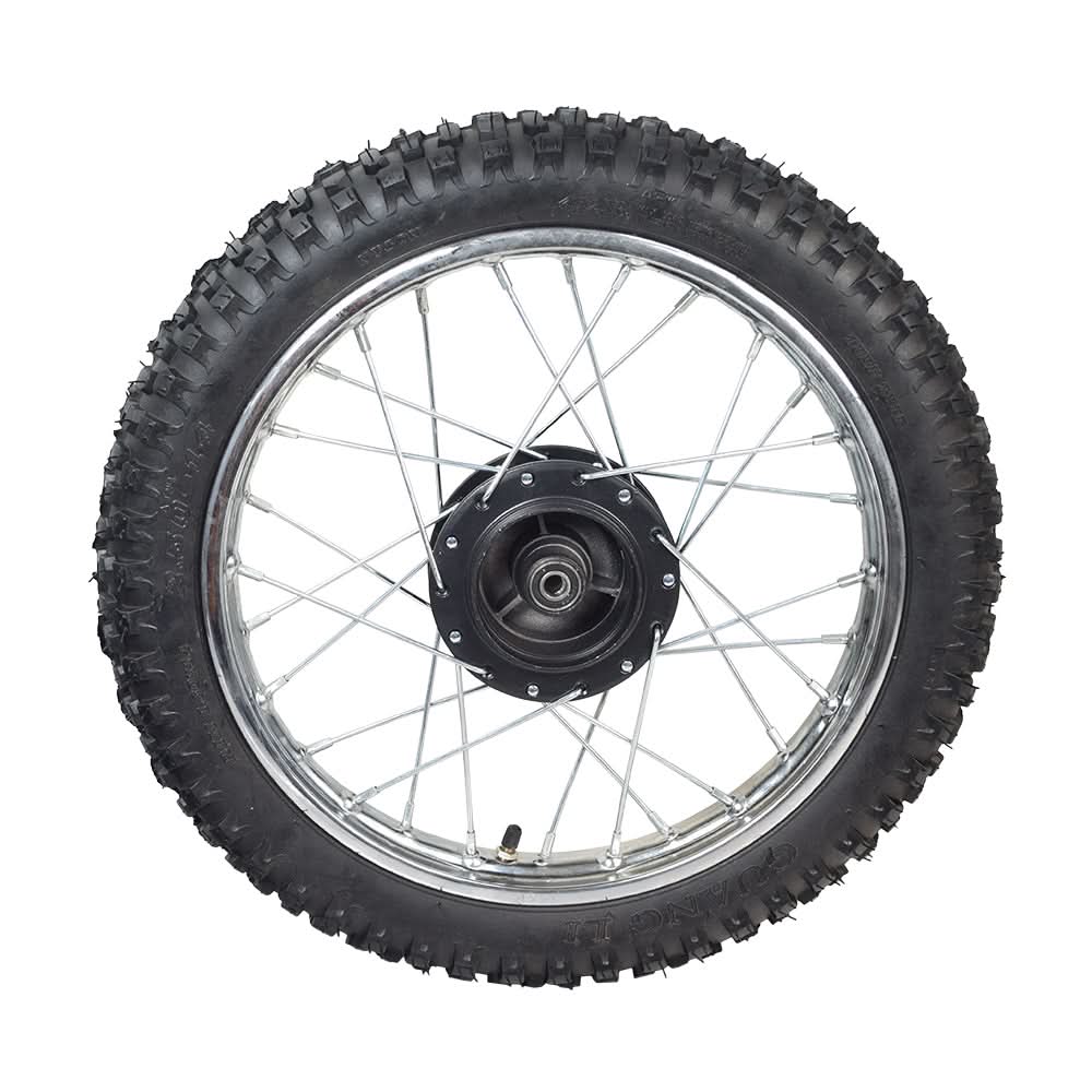 Close-up of the 14 (2.50-14) Front Wheel Assembly for Dirt Bikes (Blemished), showing the rim, knobby tire, spokes, and wheel bearings, commonly used on 50cc, 70cc, & 90cc Chinese dirt bikes.
