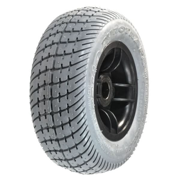 8x2.50 Gray Flat-Free Rear Wheel Assembly for Pride Dart (SC51), Sonic (SC50/SC52), and Star (SC45) Mobility Scooters, featuring a close-up of the gray knobby-tread tire and black rim.