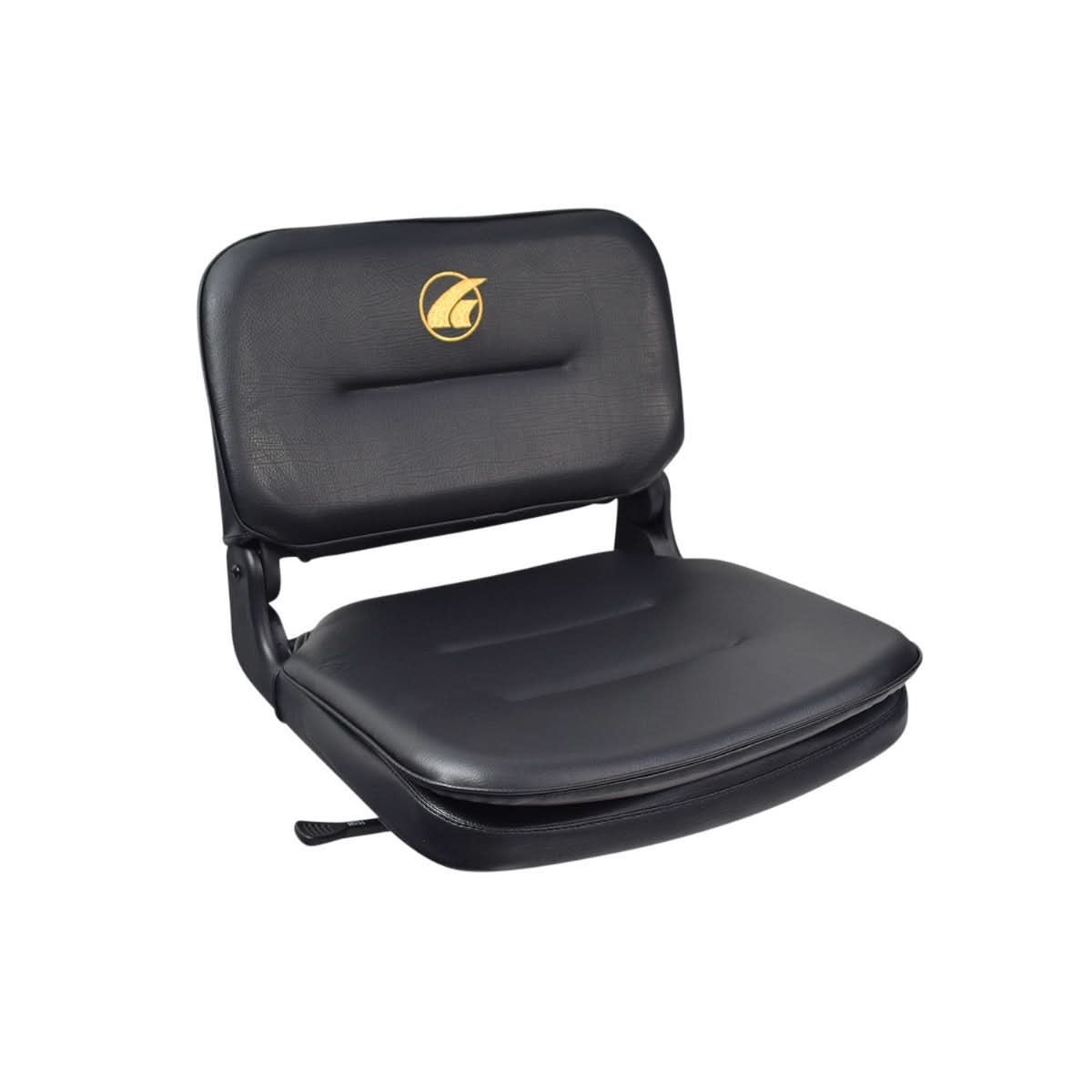 17W x 16D Seat Assembly for the Golden LiteRider (GL141) & LiteRider Mini (GL109), showcasing a black vinyl cushion with a yellow logo featuring a circle and curved sailboat, without armrests or headrest.
