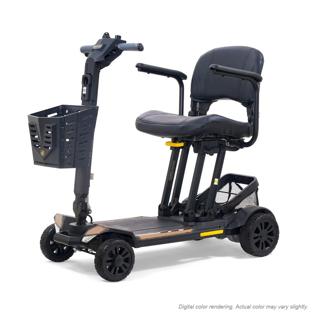 Golden Buzzaround CarryOn GB120B scooter shown with the Desert Tan shroud kit (MBA-0032), digital color rendering