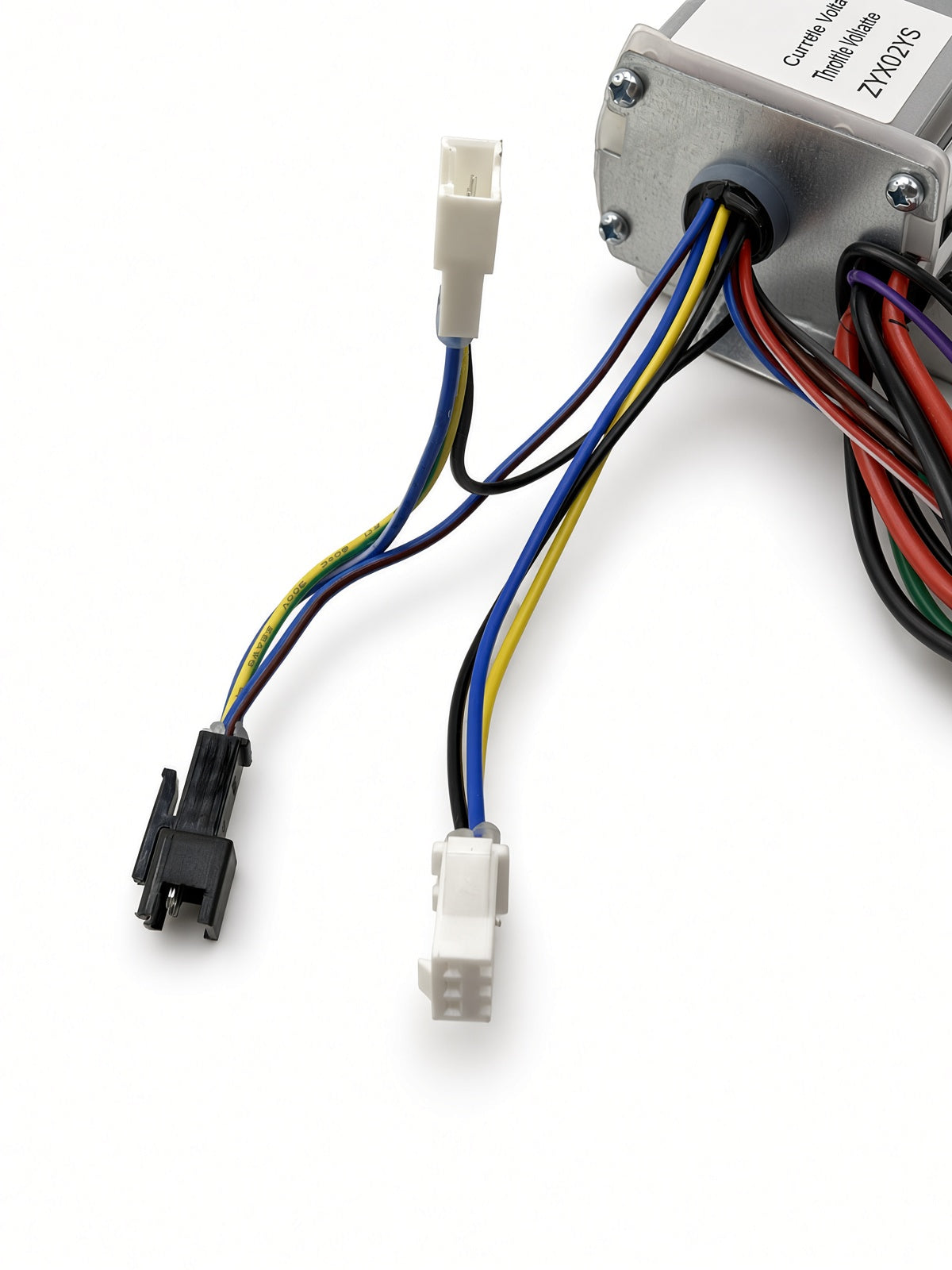 Throttle and brake connector leads exiting the Hiboy DK1 ZYX02YS-A control module