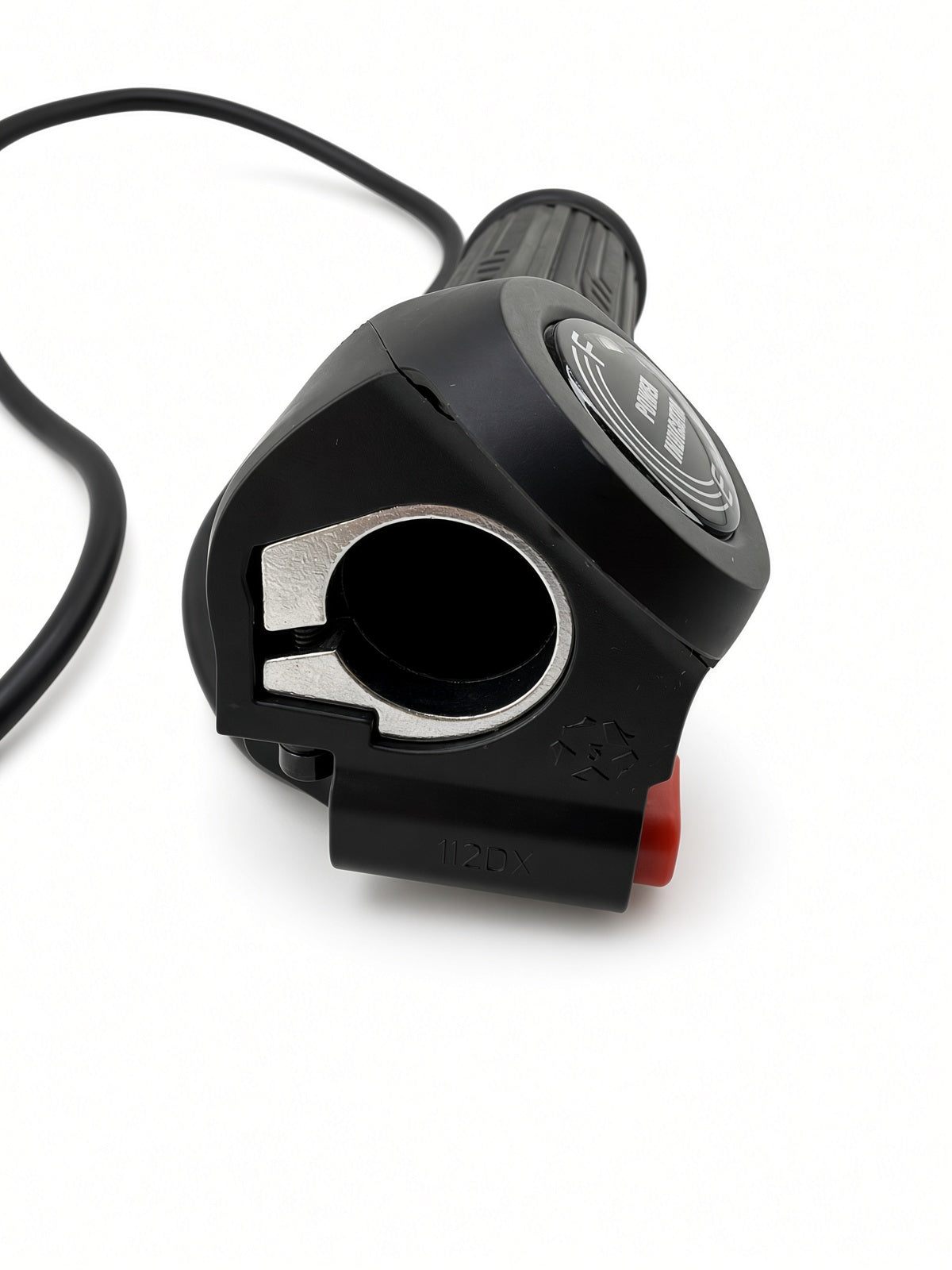 Handlebar clamp end of the Hiboy DK1 throttle housing with metal clamp insert and cable