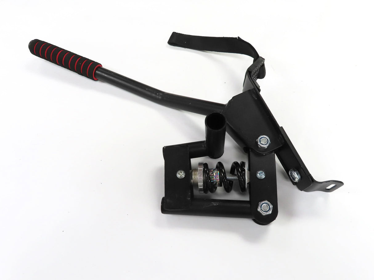 Deluxe Hoverboard Go-Kart Attachment Kit with Large Front Wheel & Suspension (Blemished) featuring a black metal frame, handlebar levers, and visible spring mechanism.