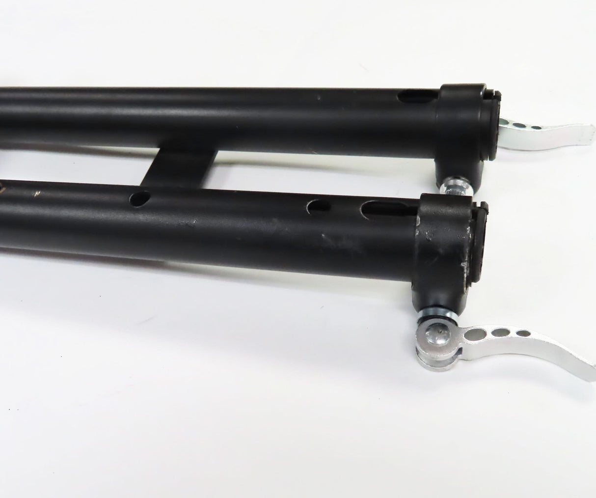 Deluxe Hoverboard Go-Kart Attachment Kit with Large Front Wheel & Suspension (Blemished) featuring a black metal frame, silver parts, and a go-kart seat with some scratches.