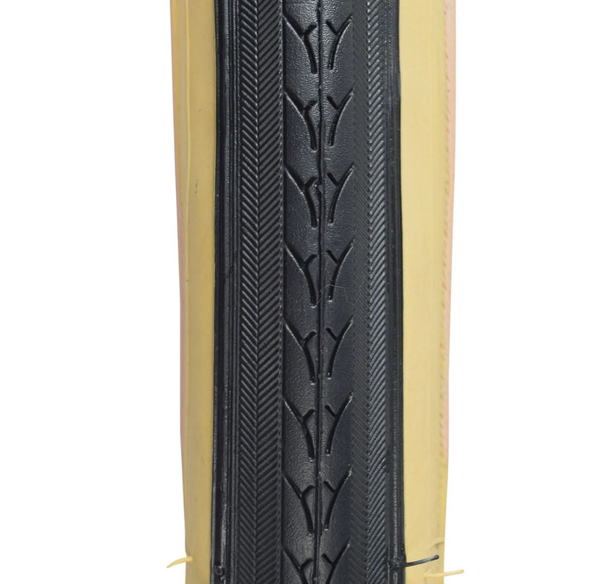 27x1-1/4 Black/Gum Urban Bicycle Tire featuring a close-up view of the durable thick rubber casing with smooth center tread and knurled shoulders designed for water evacuation and extra thick side walls.