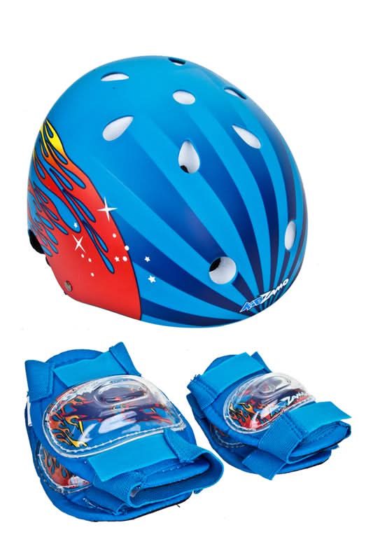 Kids' Helmet and Pads Set for Bikes & Scooters featuring a stylish helmet with flame design, adjustable fit, and CPSC approval, along with protective elbow and knee pads for enhanced safety.