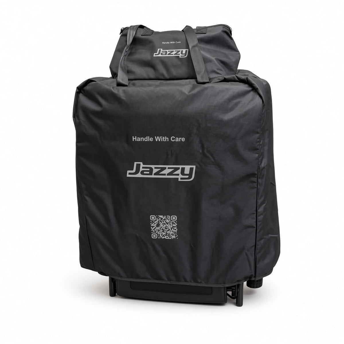 KIT2400569 Pride Jazzy Carbon travel bag kit on folded power chair. Light fitted over a folded power chair, with the battery bag attached on top