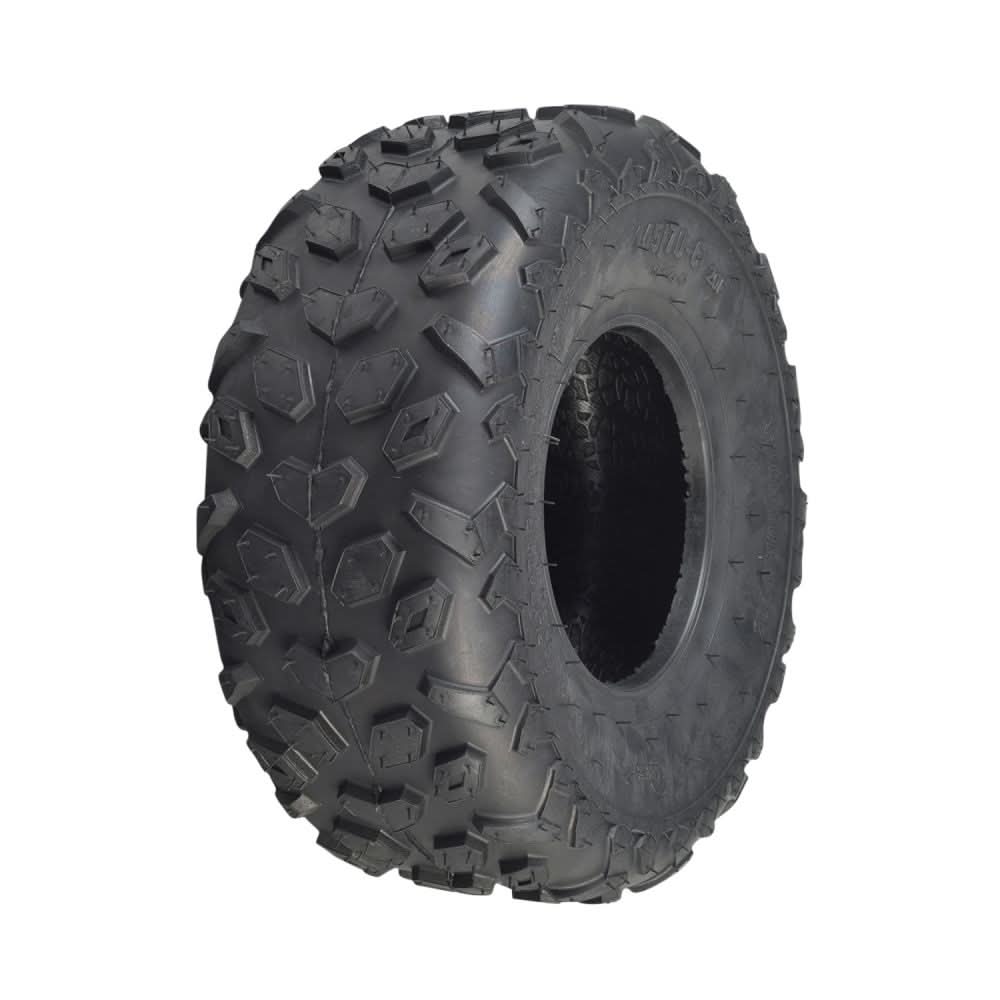 145/70-6 Tire with Knobby Tread for TaoTao ATA-110B & Boulder B1 ATVs (Set of 4) shown close-up, highlighting the knobby tread pattern designed for traction on both soft and hard surfaces.