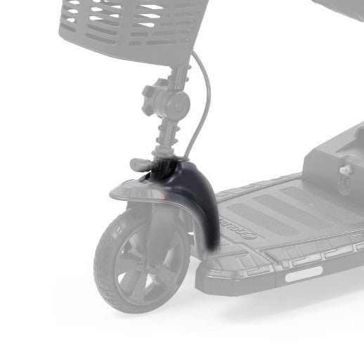 MBB-0018 black front shroud shown in color on the 3-wheel Golden Buzzaround LT GB107A, rest of the scooter greyed out