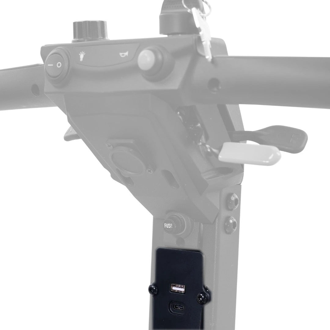 MBE-0085 USB port assembly shown in color on the Golden Buzzaround CarryOn HD GB220 tiller, rest greyed out