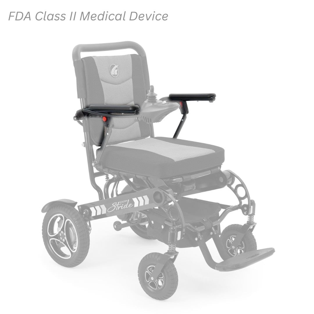 MBS-0007 left and MBS-0004 right arm assemblies shown in color on the Golden Stride GP301, rest of the chair greyed out