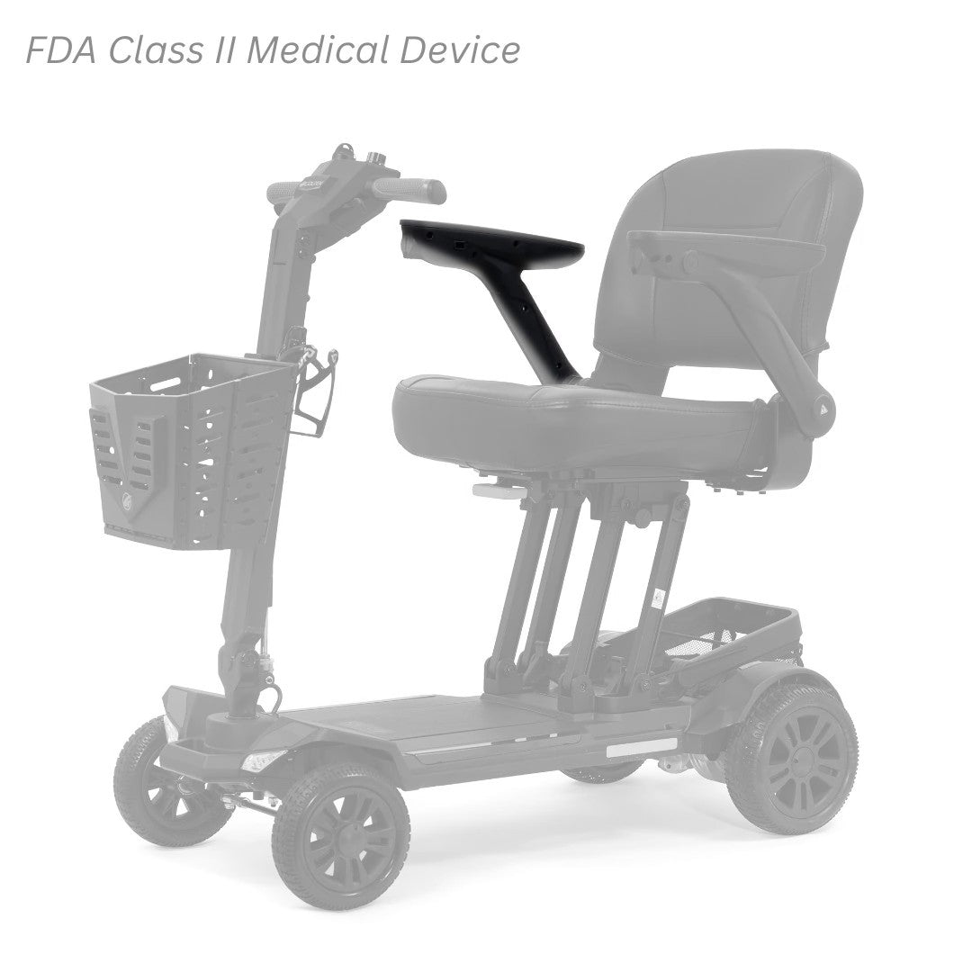 MBS-0042 right seat arm shown in color on the Golden Buzzaround CarryOn HD GB220, rest of the scooter greyed out