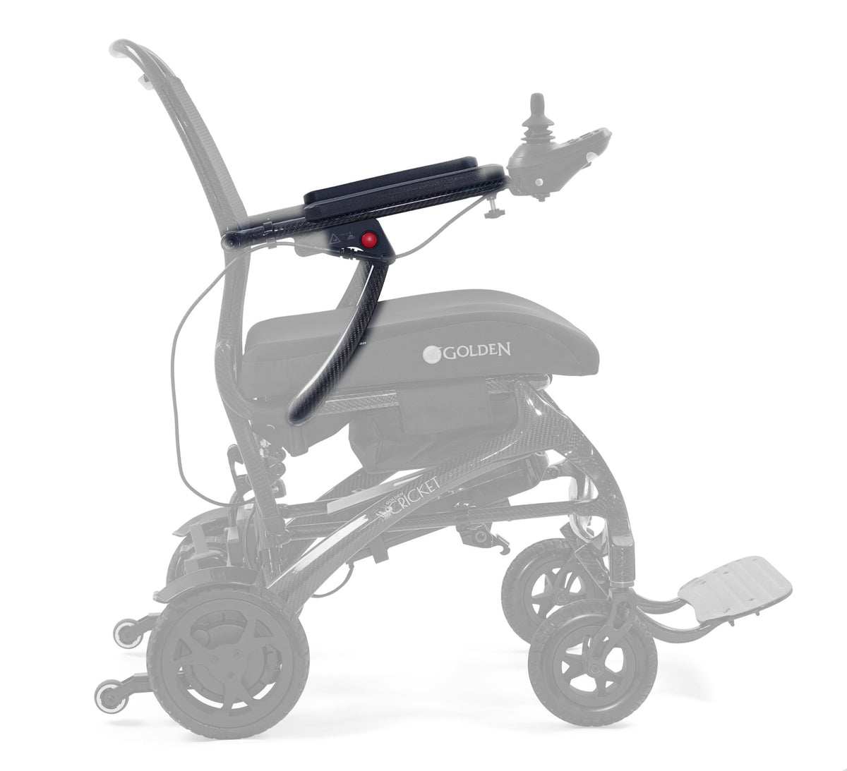 MFA-0047 right armrest frame with arm pad shown in color on the Golden Cricket GP302, rest of the chair greyed out