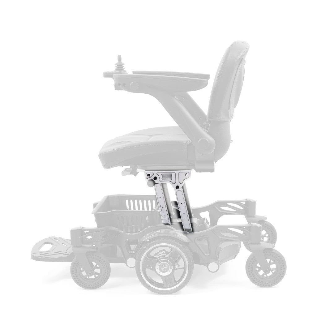 Golden Buzzaround CarryOn GP130 power chair with the silver MFA-0105 seat post shown in color and the rest of the chair greyed out